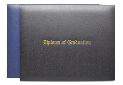 navy and black leatherette certificate folders with gold stamping on the covers